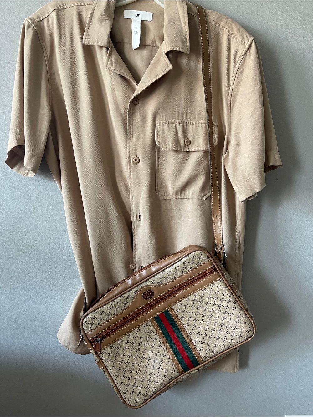 bp Short-Sleeve Camp Collar Shirt in Light Beige safari style